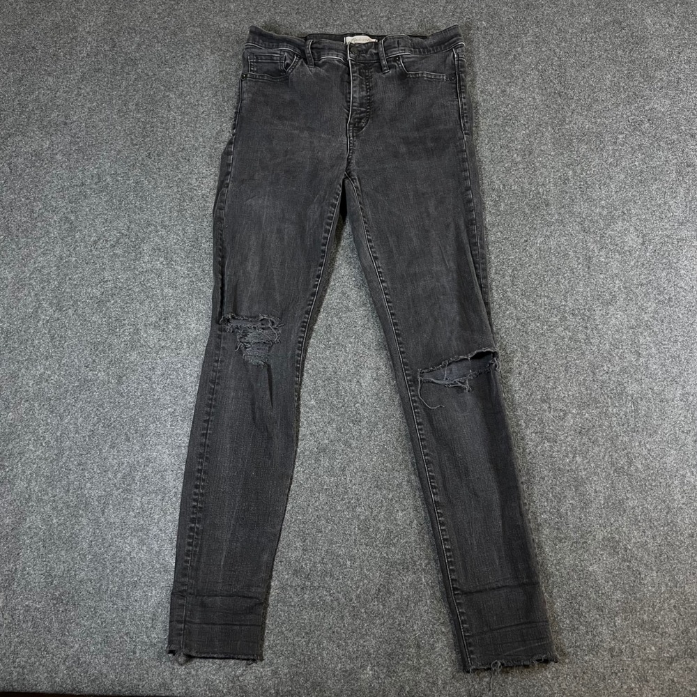 Madewell 9" High-Rise Skinny Jeans Black Distressed Knee Raw Hem Size 29